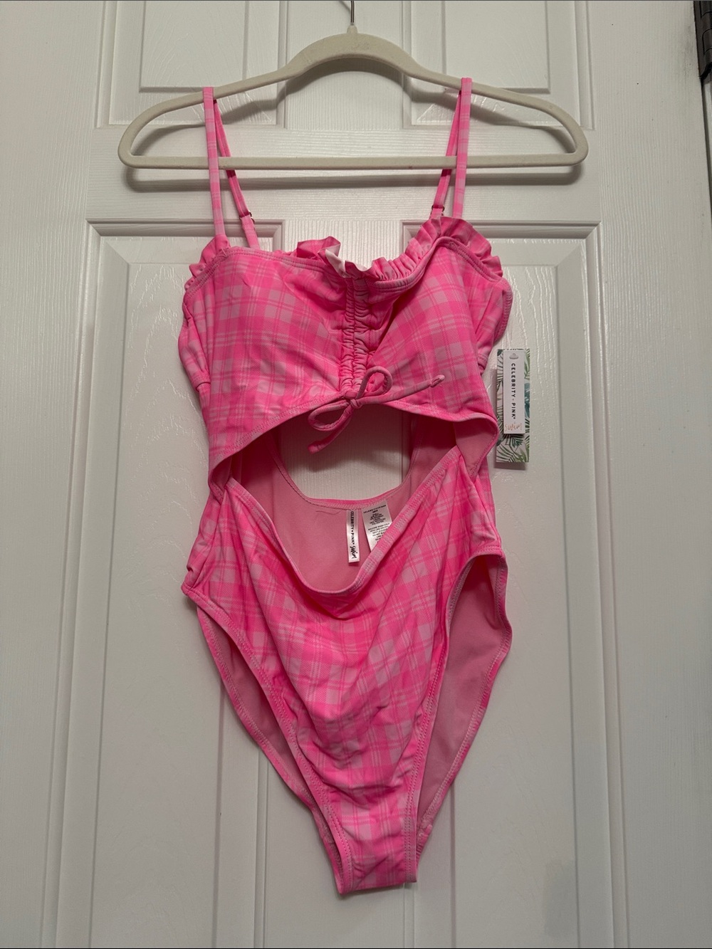 Celebrity Pink Hot Pink Plaid Cutout One-Piece Swimsuit